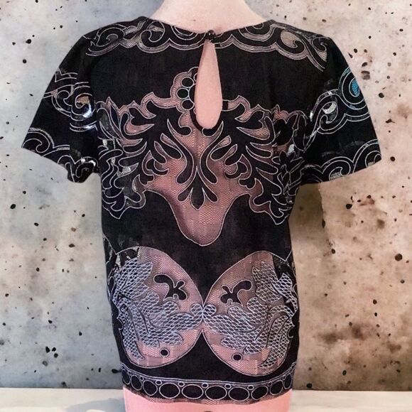 ACEMI MEDIUM BLOUSE TOP LACE SHEER BLACK EMBROIDERED DETAIL - Picture 3 of 6
